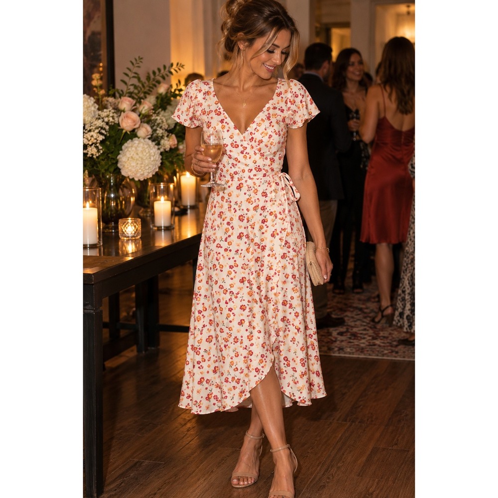 Altar'd State Floral Wrap Midi Dress Cream Red Orange Flutter Sleeve XS